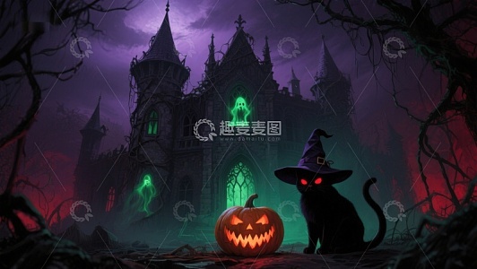 万圣夜幽灵城堡与南瓜猫