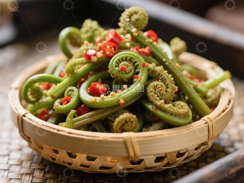 高清大图下载【趣麦麦图】鲜嫩蕨菜搭配红椒，竹篮盛装