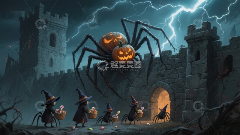 高清大图下载【趣麦麦图】南瓜蜘蛛守护古堡，小巫师们提灯前行