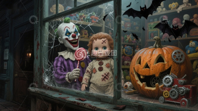 高清大图下载【趣麦麦图】万圣节橱窗：小丑与娃娃的诡异场景
