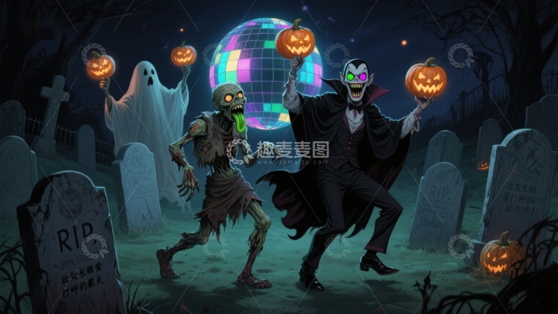 高清大图下载【趣麦麦图】墓地舞会：僵尸与吸血鬼的狂欢