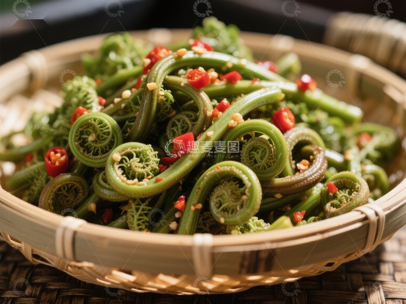 高清大图下载【趣麦麦图】新鲜蕨菜拌红椒，竹篮盛装
