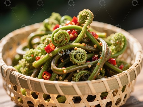 竹篮中的蕨菜拌辣椒