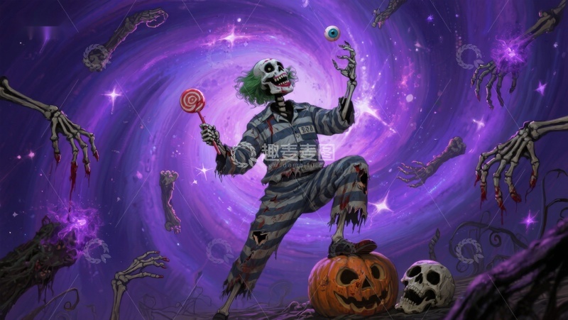 高清大图下载【趣麦麦图】骷髅小丑在紫色漩涡中舞动