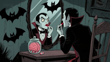 吸血鬼镜前自照，手持糖果