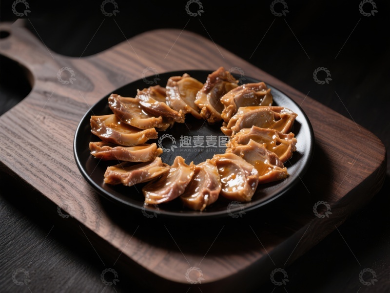 高清大图下载【趣麦麦图】-酱鸭舌摆盘，木质砧板上的美食