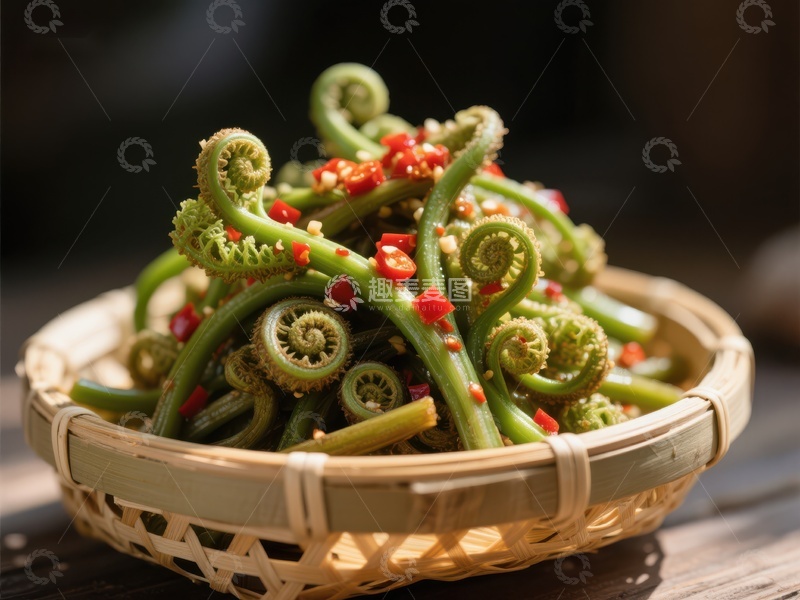 高清大图下载【趣麦麦图】鲜嫩蕨菜搭配红椒，竹篮盛装