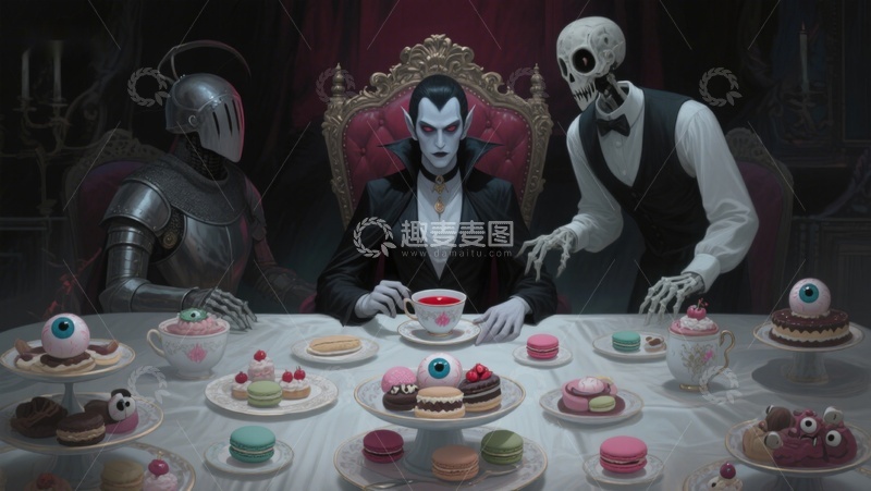 高清大图下载【趣麦麦图】奇幻茶会：吸血鬼与骷髅的盛宴