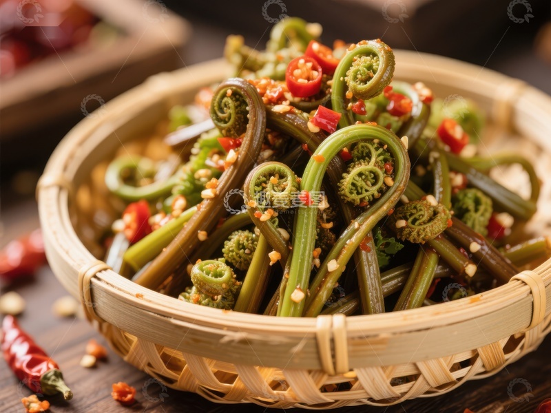 高清大图下载【趣麦麦图】竹篮中的蕨菜拌辣椒