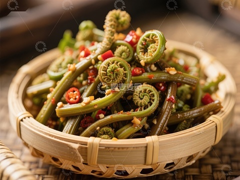 辣味蕨菜卷，竹篮盛装