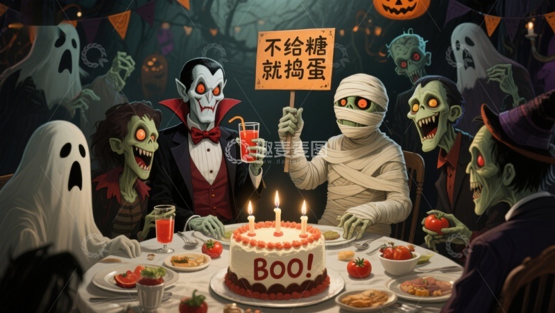 高清大图下载【趣麦麦图】万圣节怪物共聚晚餐