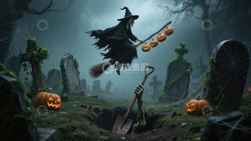 高清大图下载【趣麦麦图】万圣夜巫婆飞越墓地