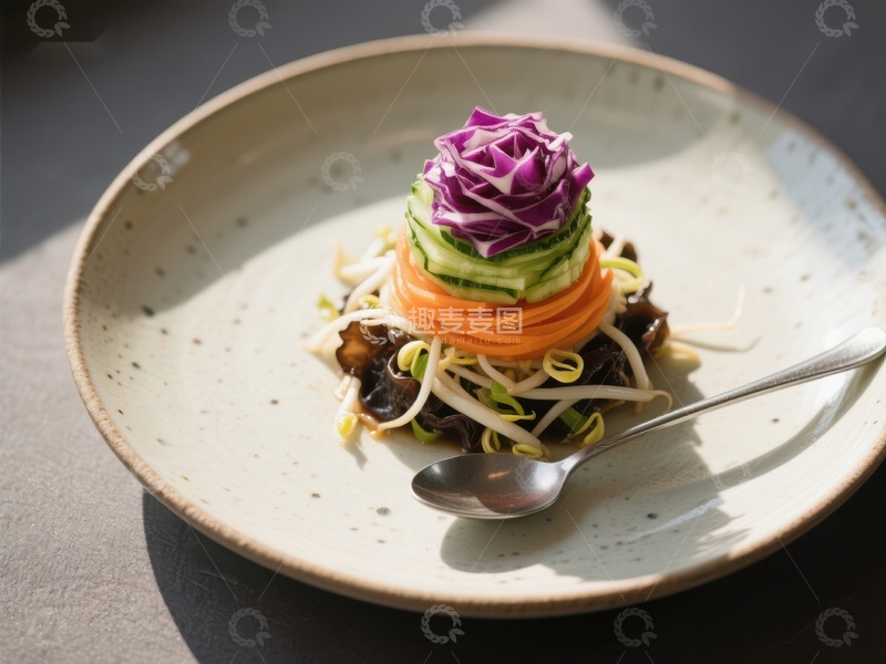 高清大图下载【趣麦麦图】精致蔬菜塔配豆芽与蘑菇