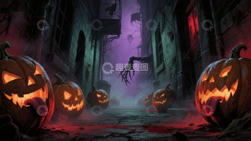 高清大图下载【趣麦麦图】万圣节南瓜灯照亮的幽暗小巷
