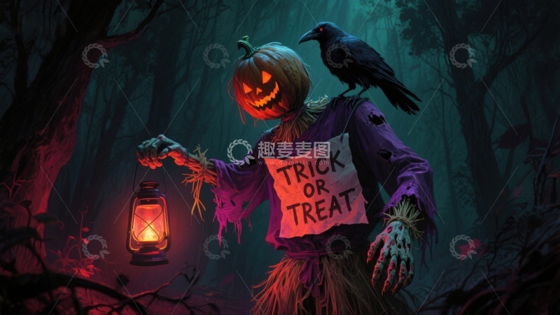 高清大图下载【趣麦麦图】万圣节南瓜头稻草人手持灯笼