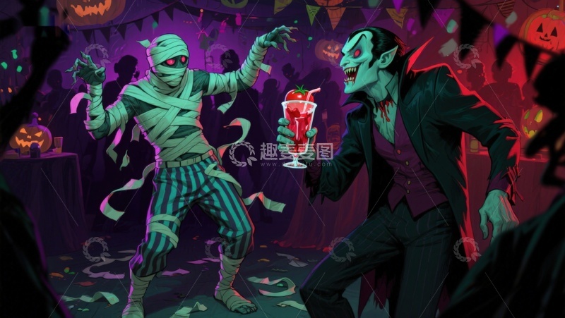 高清大图下载【趣麦麦图】万圣节派对上的木乃伊与吸血鬼