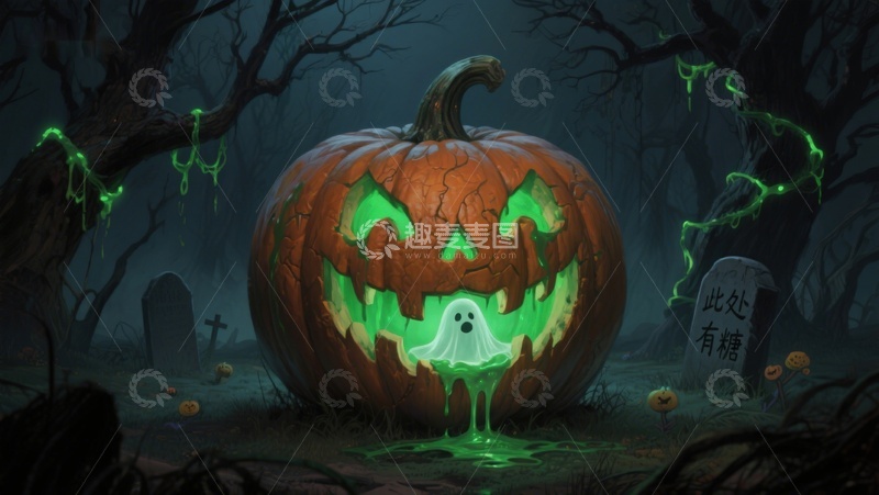 高清大图下载【趣麦麦图】万圣节南瓜灯中的幽灵