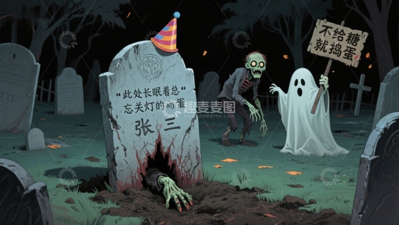 高清大图下载【趣麦麦图】墓地里的万圣节闹剧