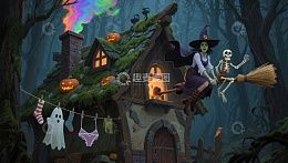 万圣夜巫师与骷髅飞过小屋