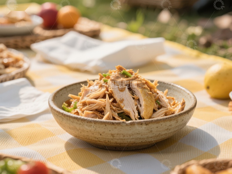 高清大图下载【趣麦麦图】户外野餐桌上美味的撕鸡沙拉