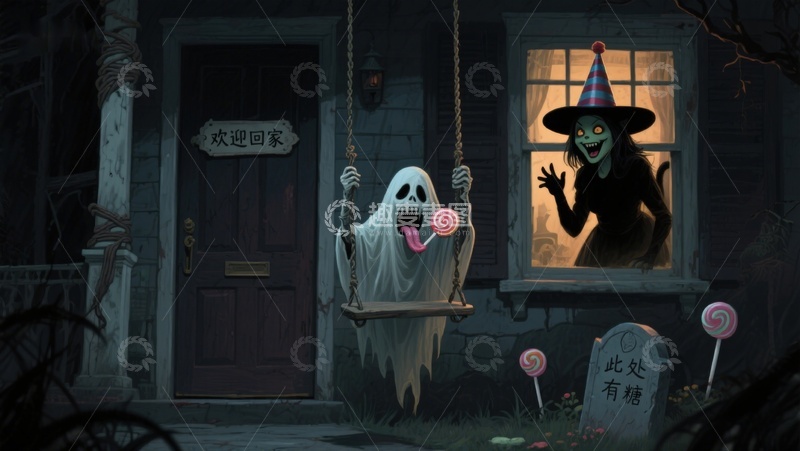 高清大图下载【趣麦麦图】鬼屋门前的幽灵与女巫