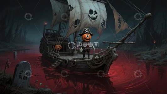 幽灵海盗船在血色湖面航行
