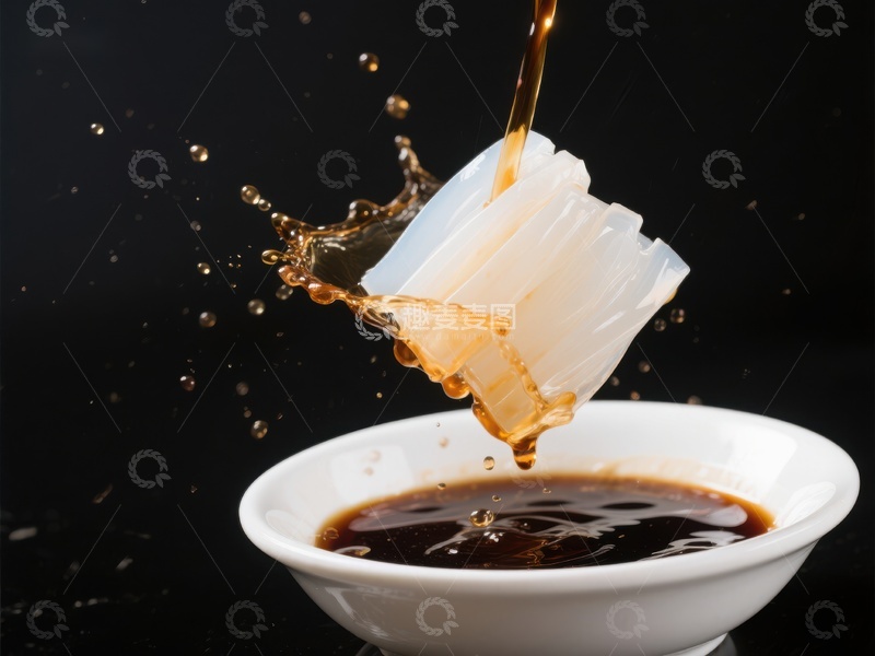 高清大图下载【趣麦麦图】-酱汁淋在透明食材上，溅起诱人光泽
