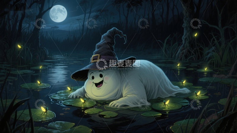 高清大图下载【趣麦麦图】月夜池塘中的巫师幽灵