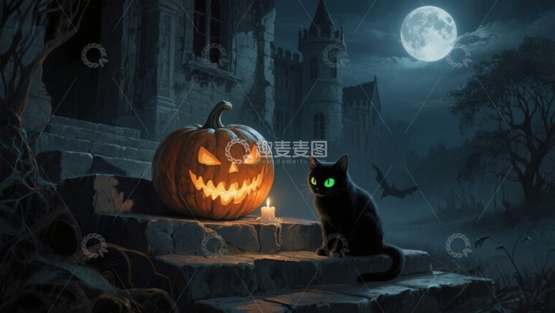 高清大图下载【趣麦麦图】月夜古堡前的南瓜灯与黑猫