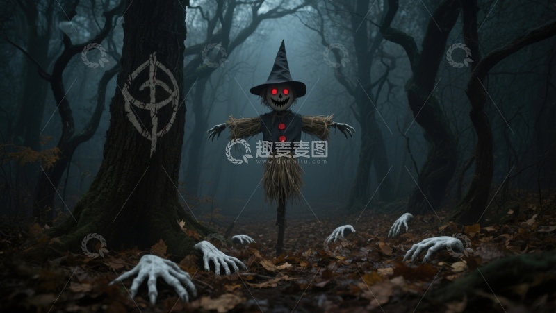 高清大图下载【趣麦麦图】幽暗森林中的恐怖稻草人