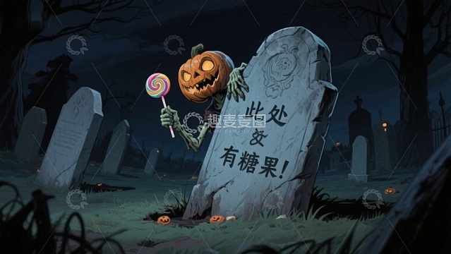墓地南瓜怪手持糖果，夜景恐怖氛围