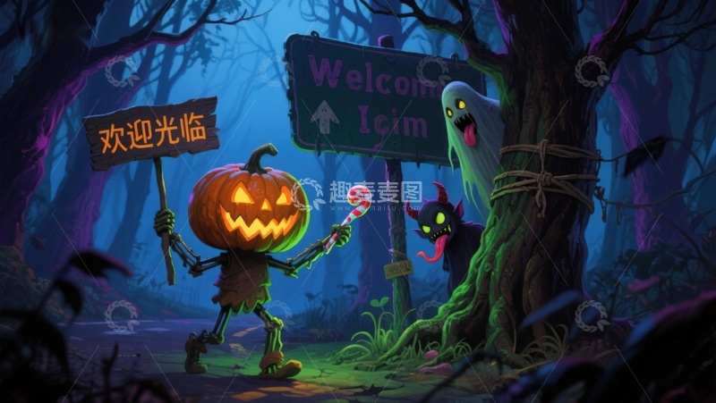 高清大图下载【趣麦麦图】万圣节森林欢迎场景