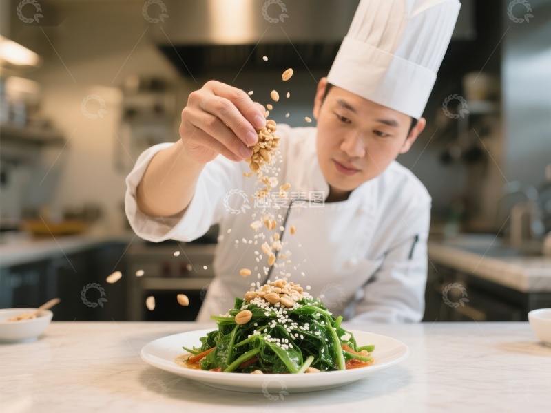 高清大图下载【趣麦麦图】厨师精心撒料，准备美味沙拉