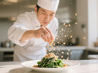 厨师精心撒料装饰美食