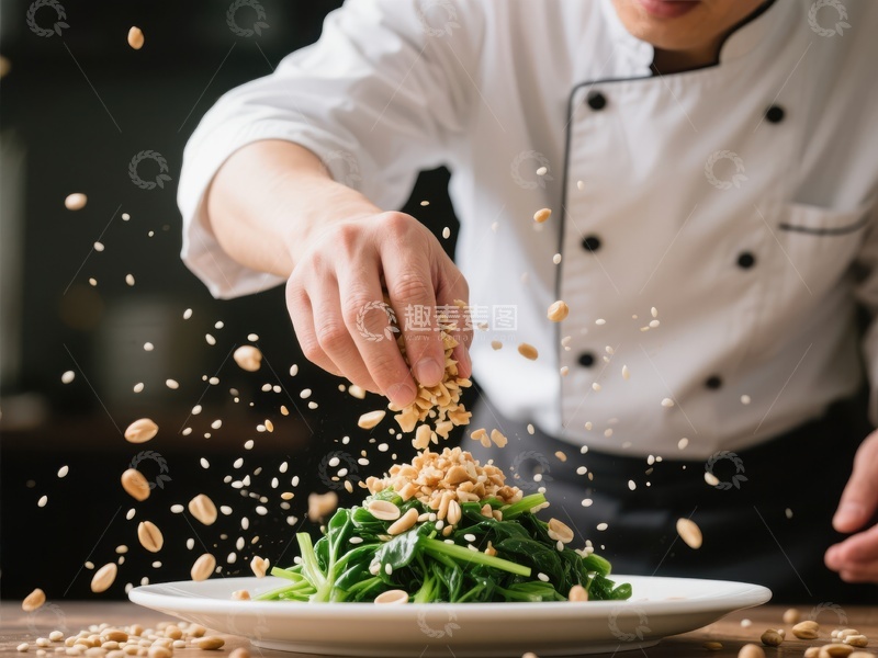 高清大图下载【趣麦麦图】厨师撒花生装饰盘中绿叶蔬菜