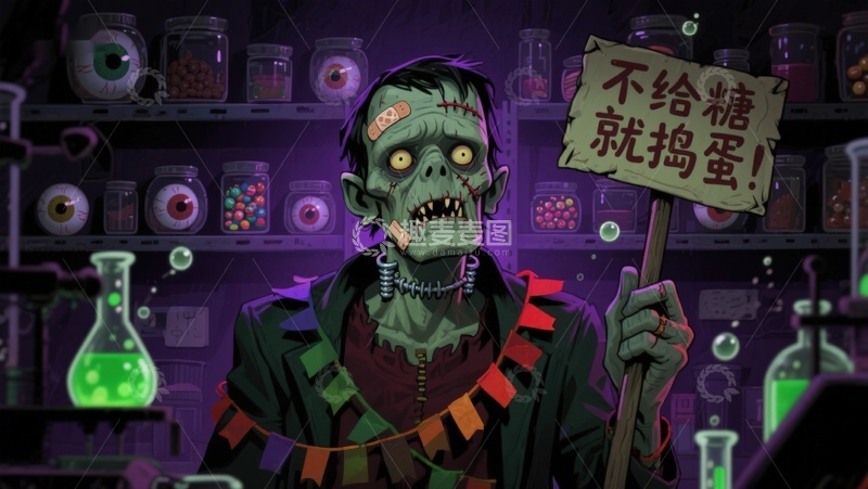 僵尸手持标语，背景实验室
