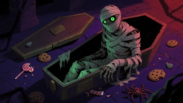 木乃伊在棺材中享用甜点