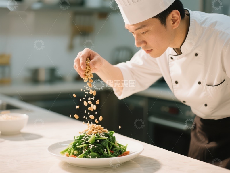 高清大图下载【趣麦麦图】厨师精心撒料，装盘绿色沙拉