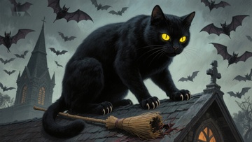 黑猫屋顶守望，蝙蝠夜空飞翔