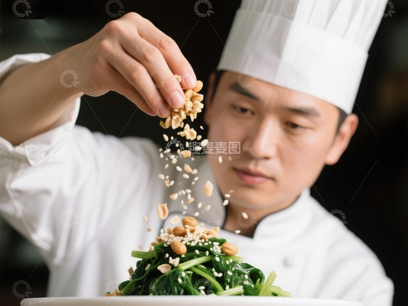 高清大图下载【趣麦麦图】厨师精心撒料，装点绿色菜肴