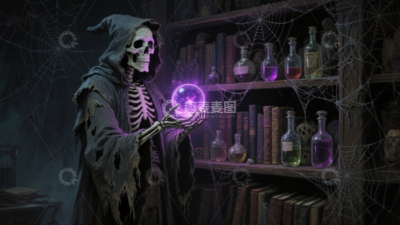 高清大图下载【趣麦麦图】骷髅巫师手持魔法水晶球