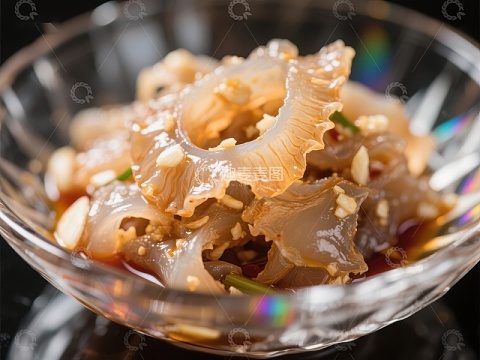 透明玻璃碗中的美味凉拌海蜇