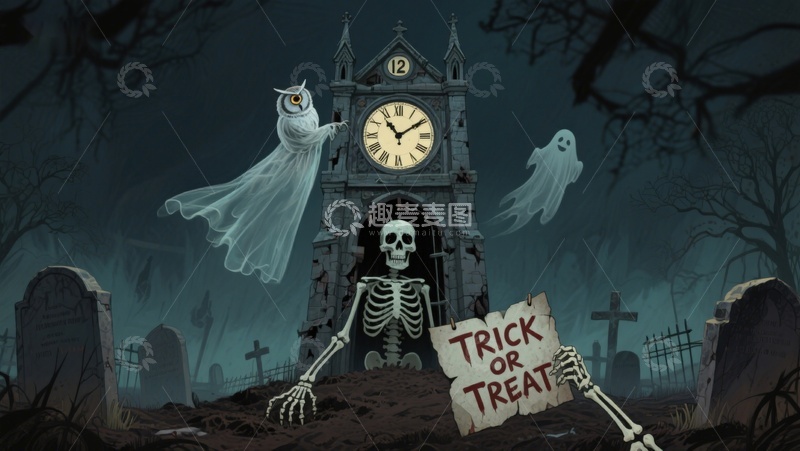 高清大图下载【趣麦麦图】万圣节夜景：骷髅与幽灵的钟楼