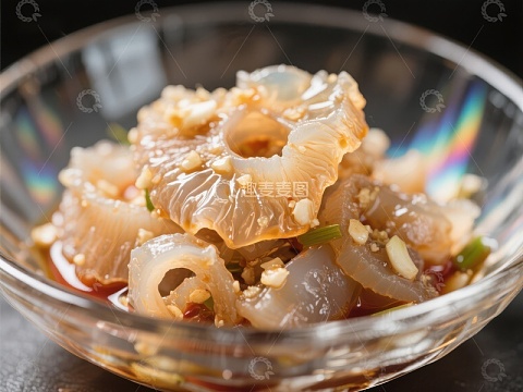 透明玻璃碗中的美味凉拌海蜇