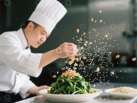 厨师精心撒料，提升菜肴风味
