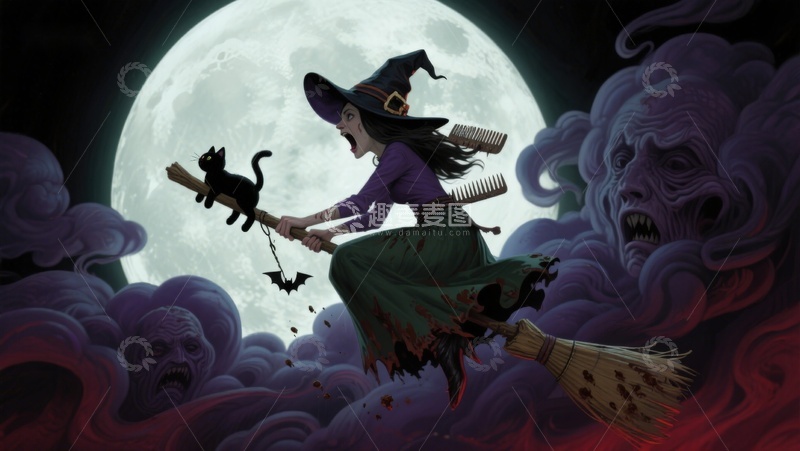 高清大图下载【趣麦麦图】巫女夜空飞行，黑猫相伴