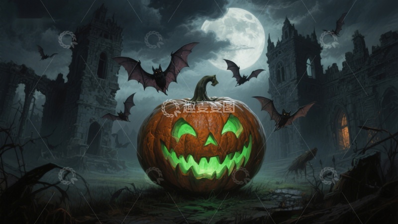 高清大图下载【趣麦麦图】万圣节南瓜灯与蝙蝠在古堡前