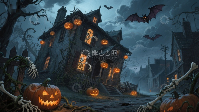 高清大图下载【趣麦麦图】万圣节夜景：幽灵古宅与南瓜灯