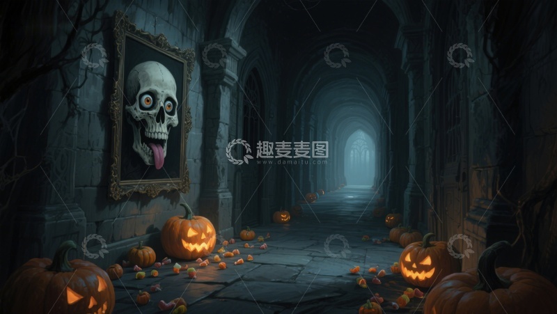 高清大图下载【趣麦麦图】幽暗古堡中的万圣节南瓜与骷髅画