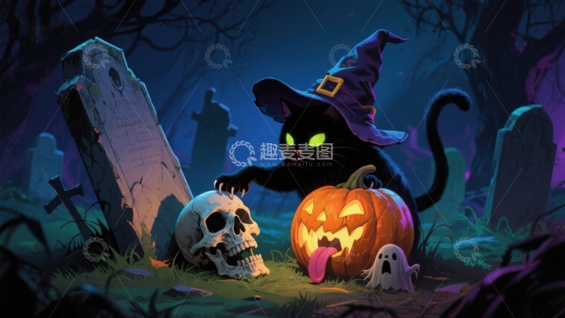 高清大图下载【趣麦麦图】万圣夜墓地中的黑猫与南瓜灯